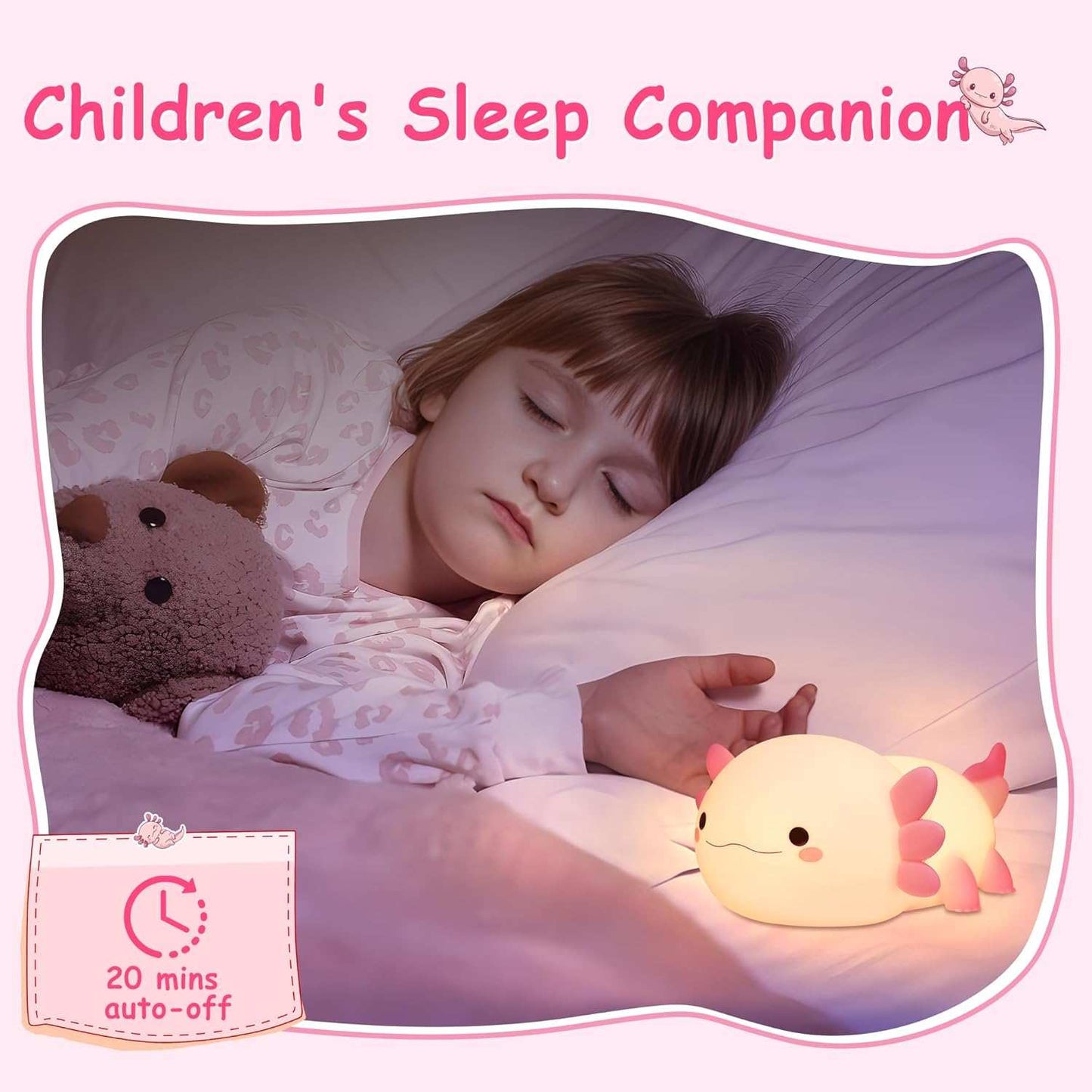 The axolotl night light used as a safe sleep companion for a toddler