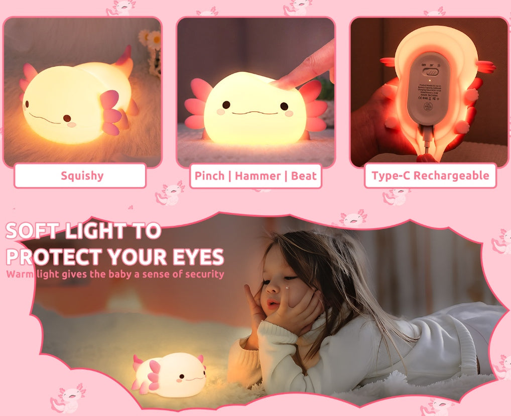 Tap control feature of the axolotl night light showing different brightness levels for kids' rooms