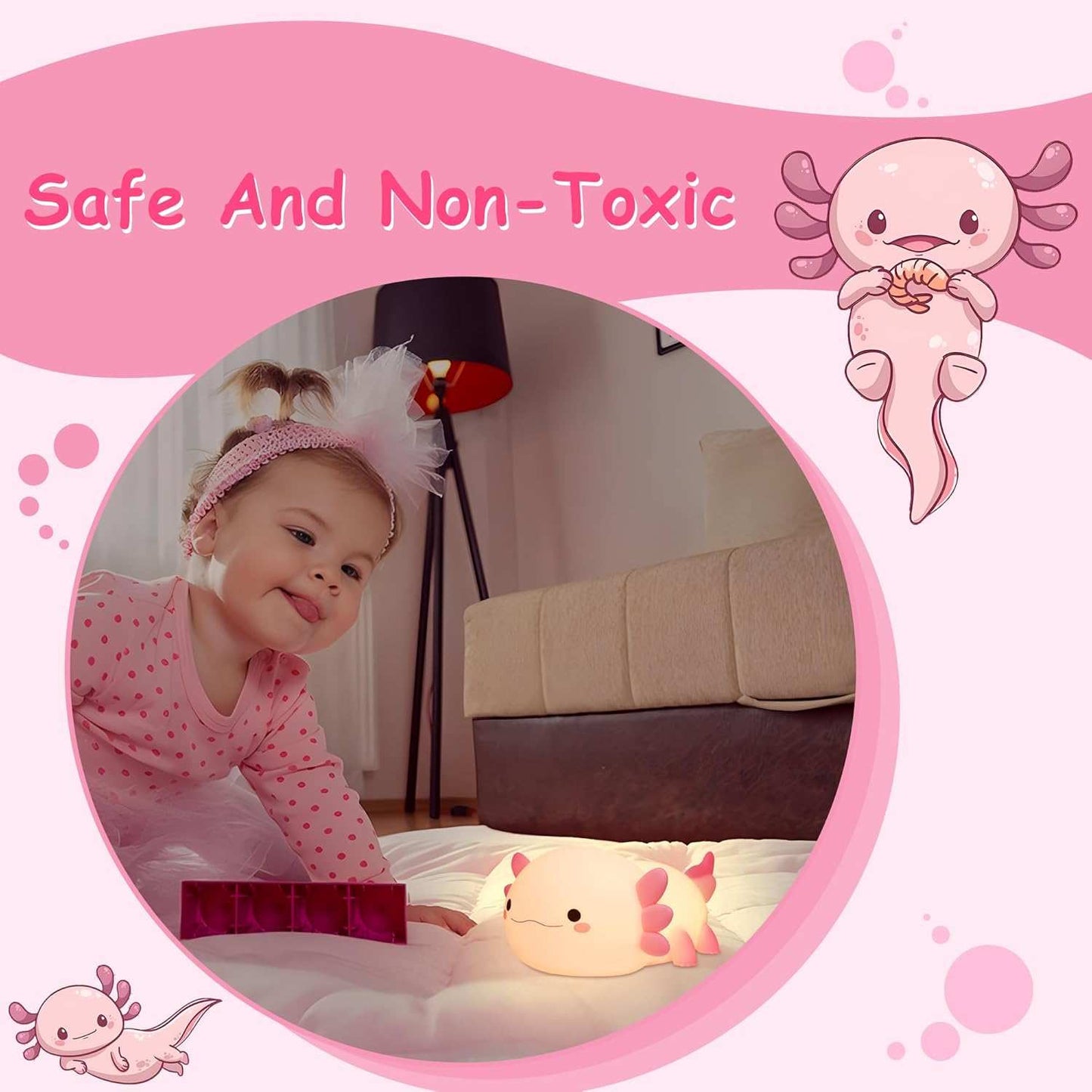 A child sleeping peacefully in bed next to the warm glow of the UNEEJOY axolotl night light
