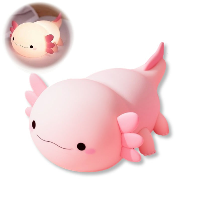 Front view of the squishy pink silicone axolotl night light for kids