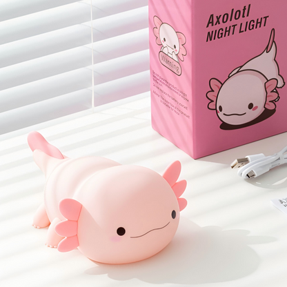 The UNEEJOY axolotl night light shown with its cute pink gift packaging