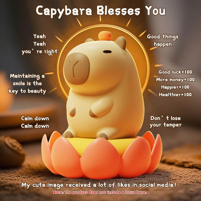 A cute UNEEJOY Capybara Night Light sitting in a pink lotus, with text "Capybara Blesses You" for peaceful calm.