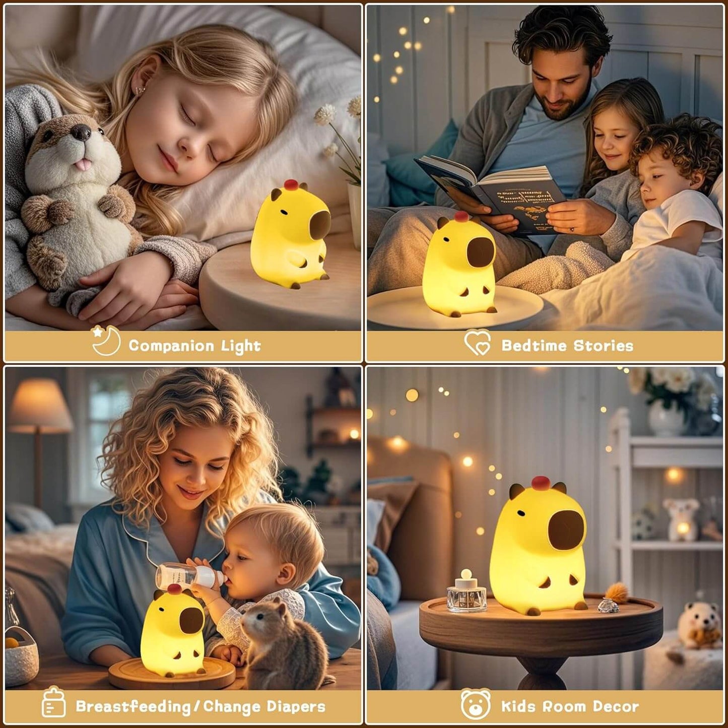 A collage of family lifestyle moments, including a mother reading to her child with the UNEEJOY Capybara Night Light.