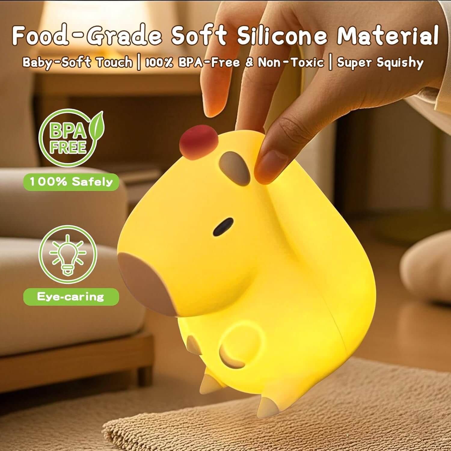 A hand gently squeezing the soft, food-grade silicone material of the UNEEJOY Capybara Night Light, highlighting its safety.