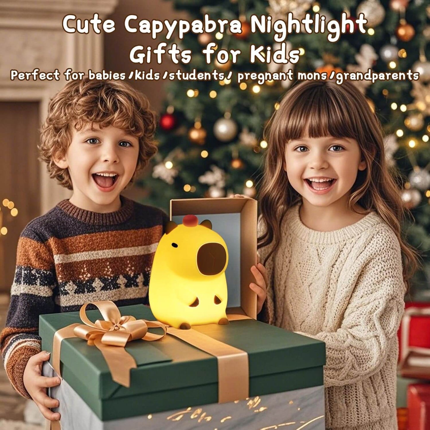 Two happy children smiling while holding a beautifully wrapped UNEEJOY Capybara Night Light as a perfect gift.