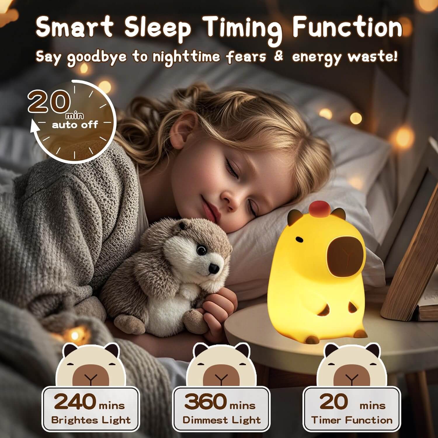 Feature graphic showing the UNEEJOY Capybara Night Light's smart sleep timer function (20, 40, 60 minutes) for kids.