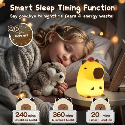 Feature graphic showing the UNEEJOY Capybara Night Light's smart sleep timer function (20, 40, 60 minutes) for kids.