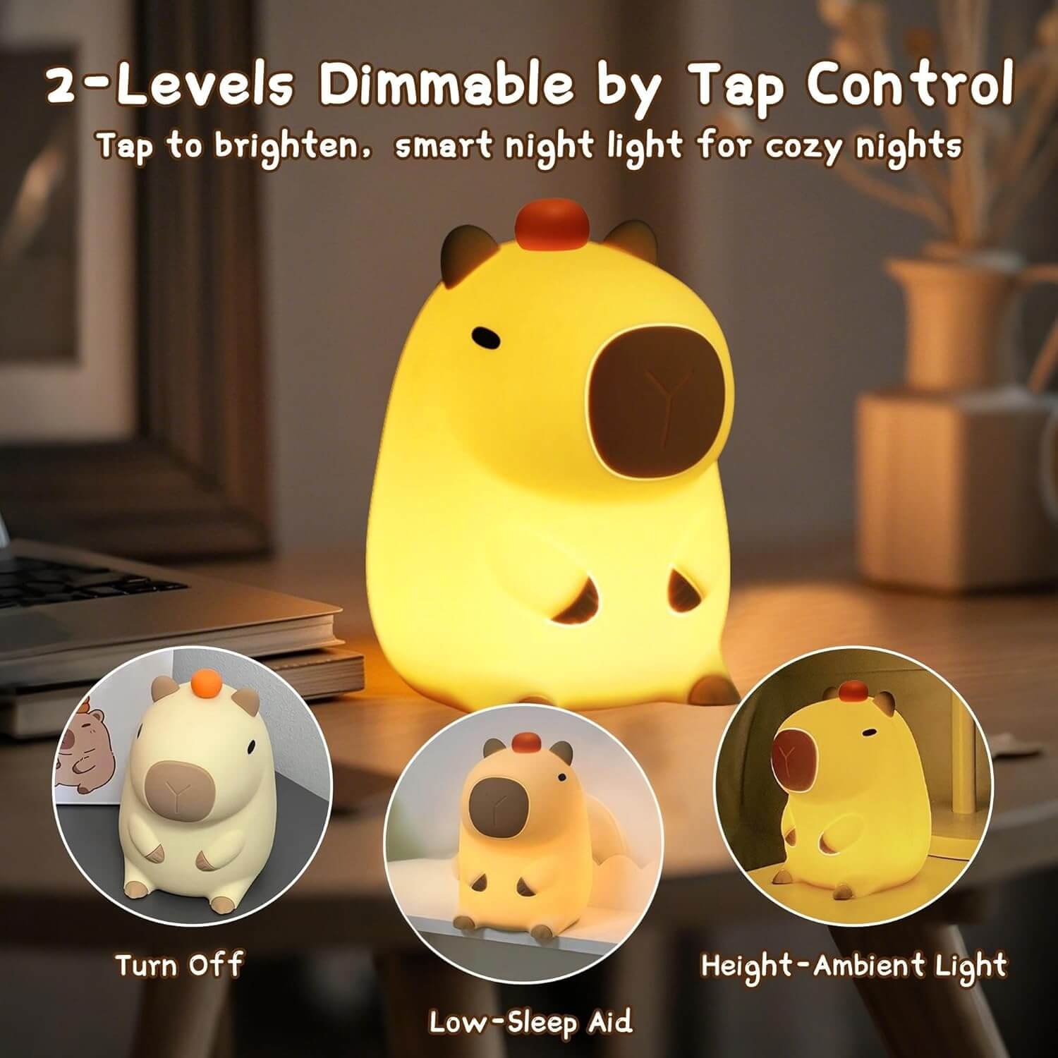Feature call-out for the UNEEJOY Capybara Night Light showing 2-level dimmable tap control and easy operation for kids.