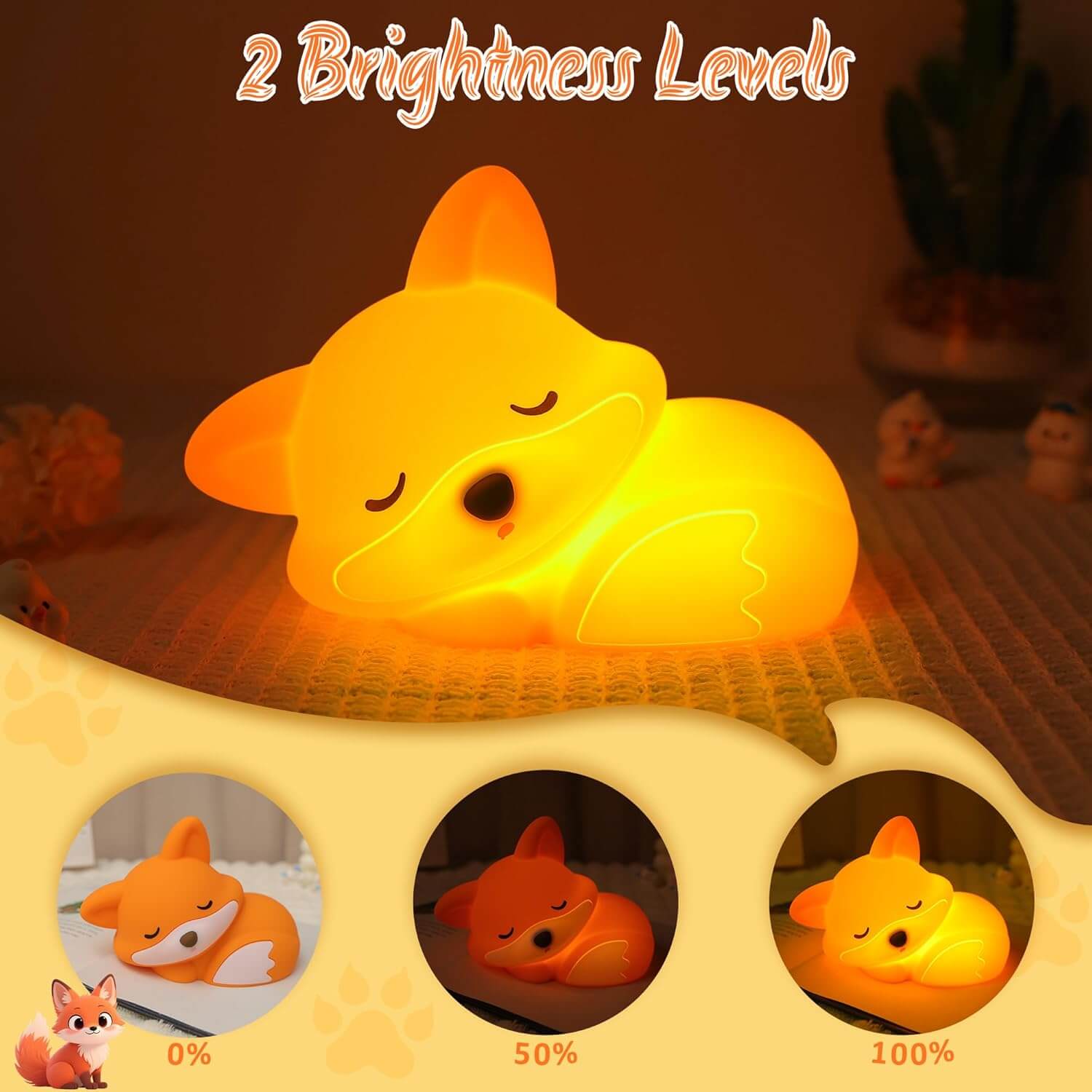 Feature graphic showing the 2 adjustable brightness levels of the fox night light, from soft to bright.