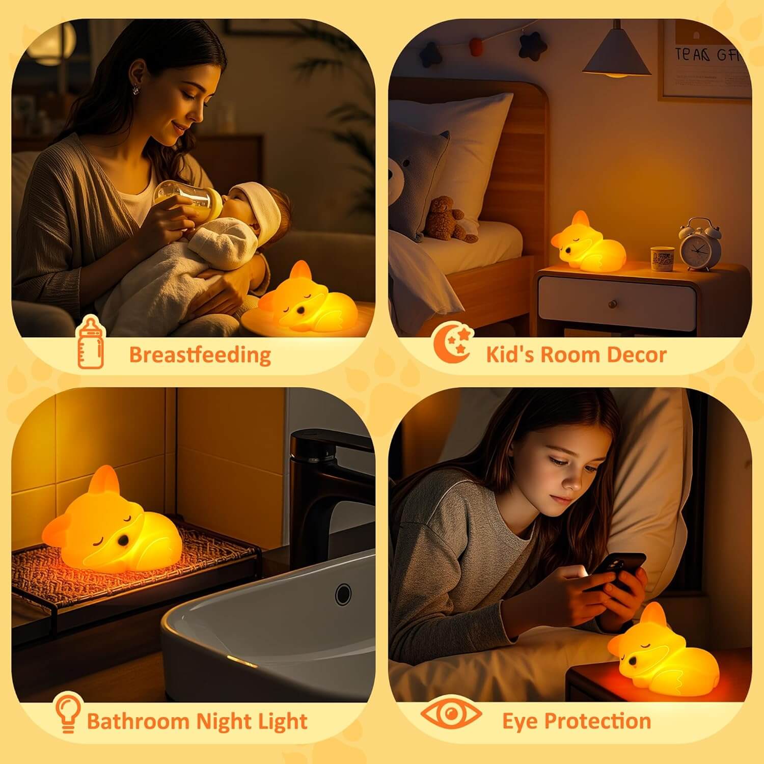 A collage showing the fox night light being used for multiple scenes: breastfeeding, reading, and eye protection.
