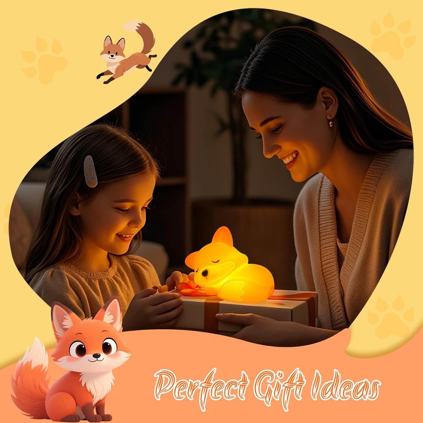 Two happy children playing safely inside a tent with the glowing UNEEJOY fox night light.