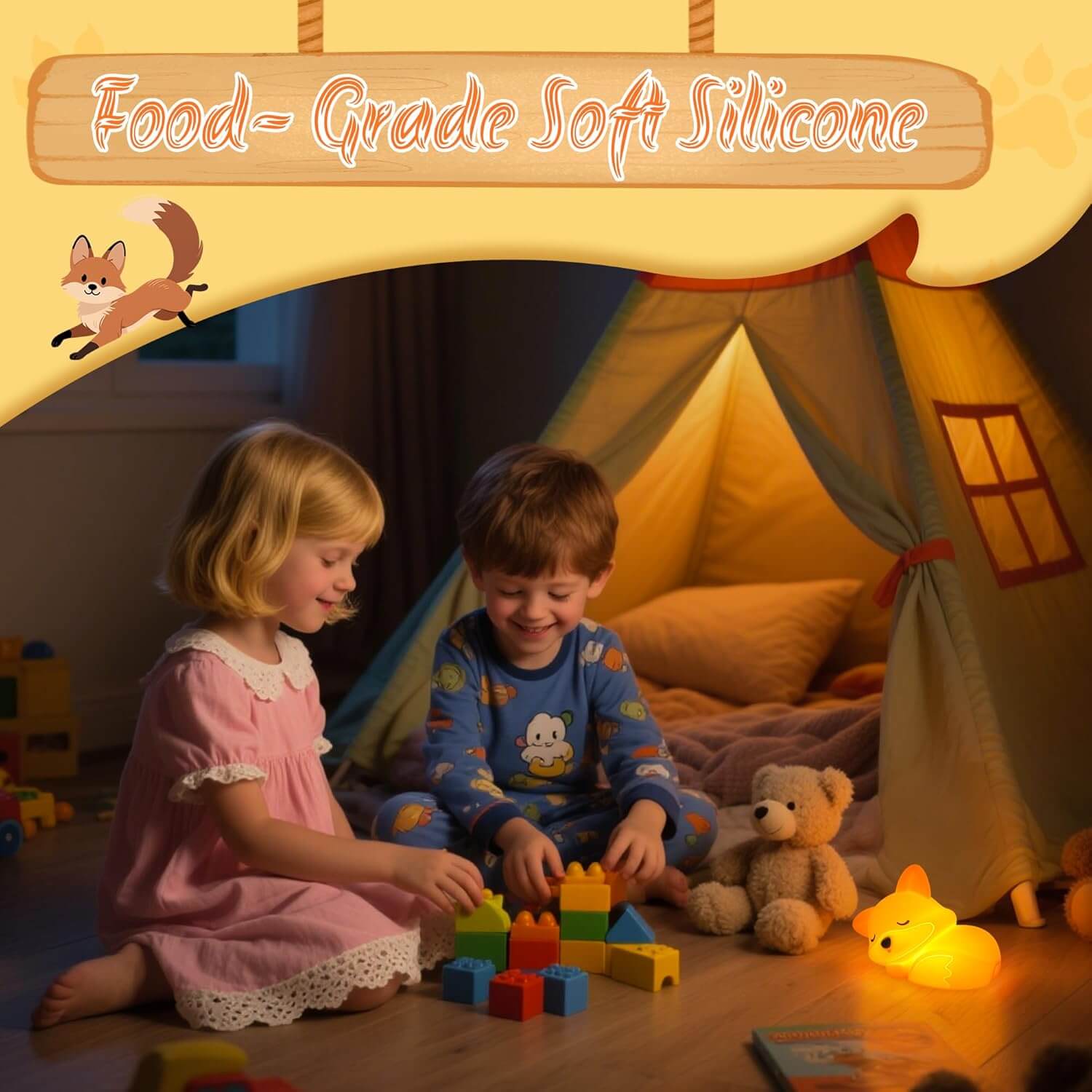 Two happy children playing safely inside a tent with the glowing UNEEJOY fox night light.