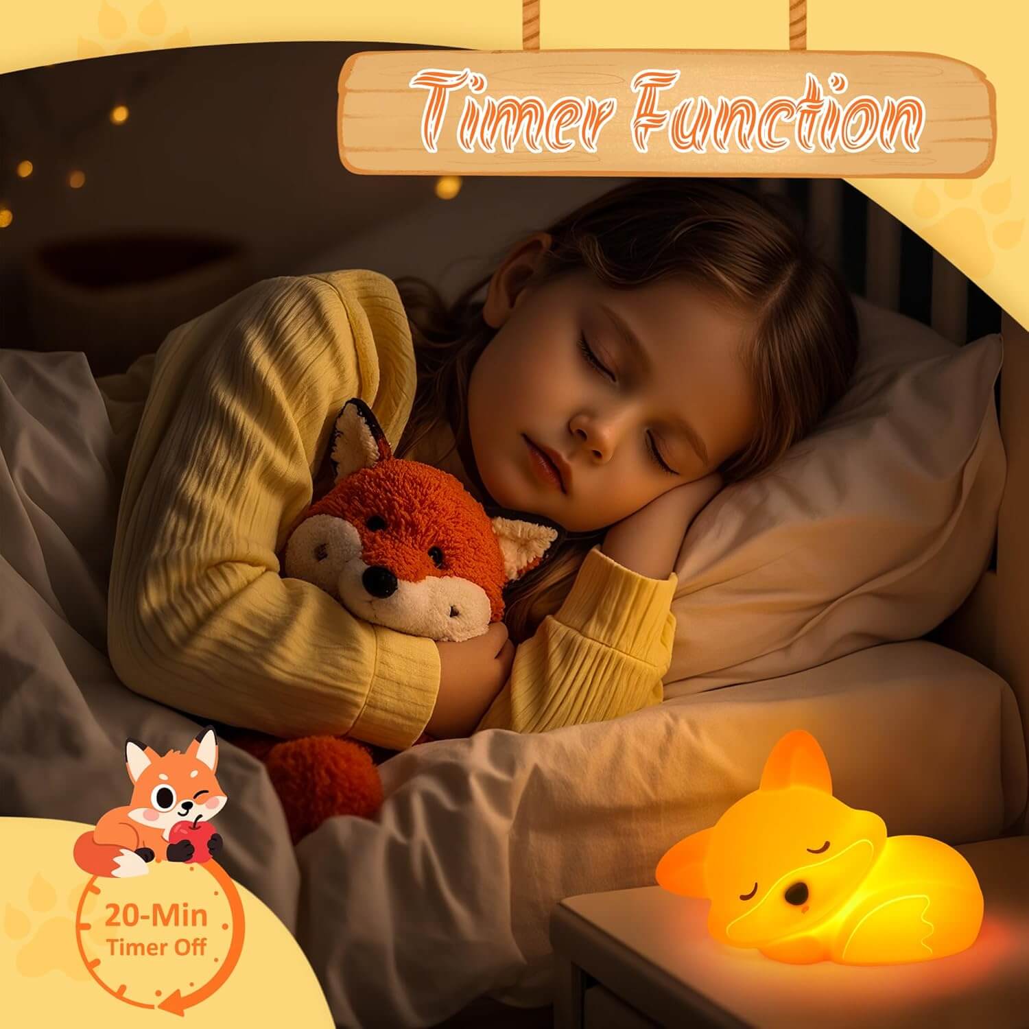 A child sleeping peacefully in bed with the fox night light, demonstrating the 20-minute timer function.